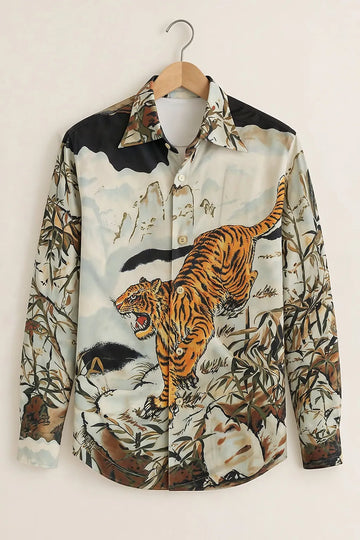 Man's Roaring Tiger Scenic Print Shirt